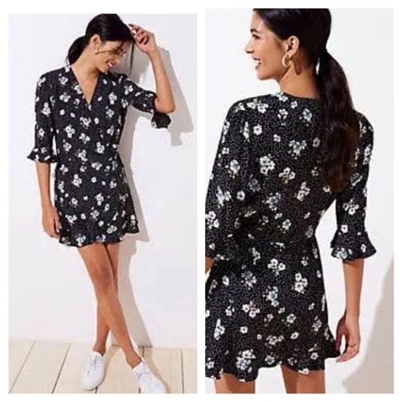 Loft Women’s Floral Polka Dot Wrap Romper Dress Size 4 Flutter Ruffle Boho - Picture 2 of 11